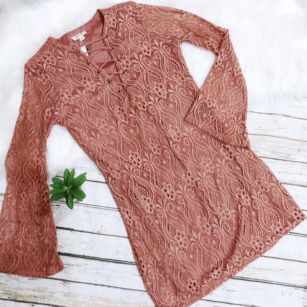 Pink Lace up Dress Lace Bell Sleeves Size Medium